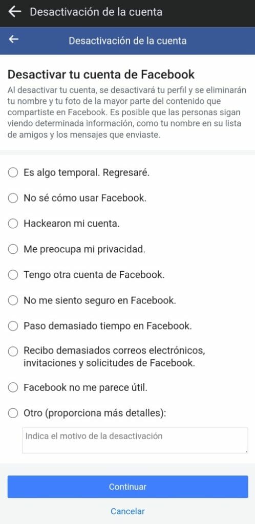 opcion por desactivar facebook Tómate un descanso de Facebook, desactívalo temporalmente