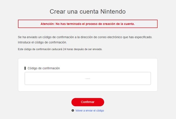 Crear una cuenta de Nintendo, colocar código de confirmación