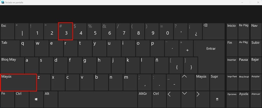 Poner # con el teclado en pantalla de Windows